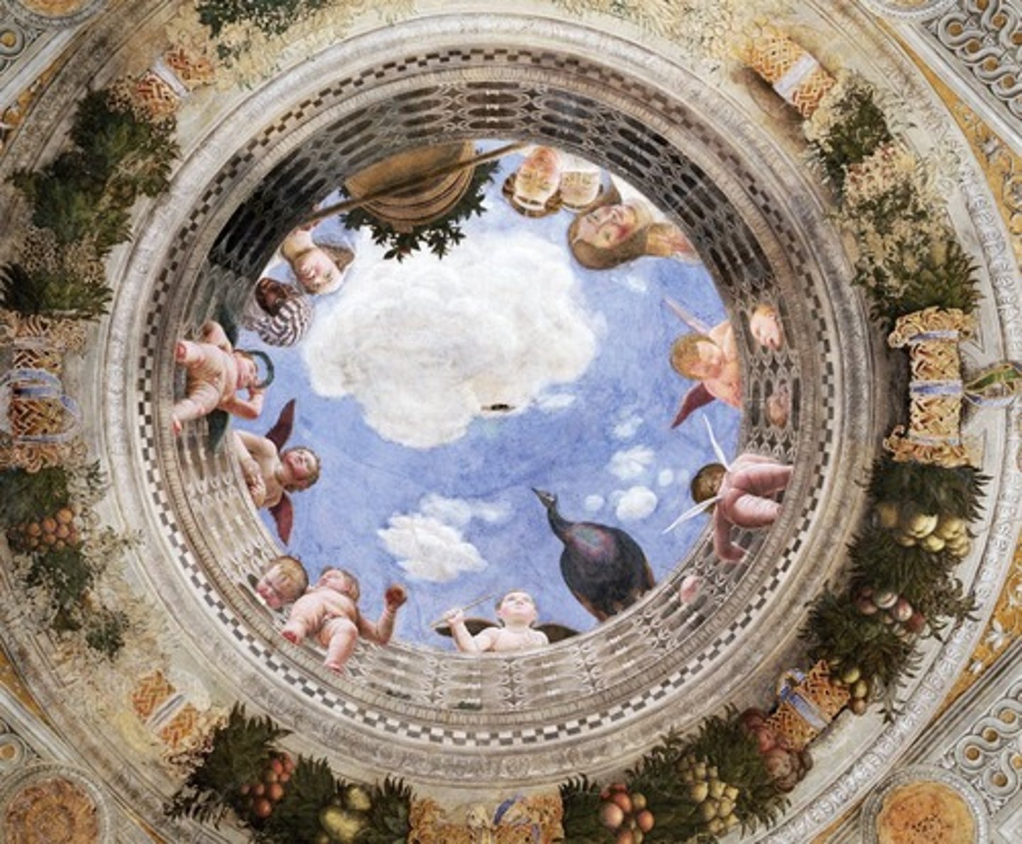 <p>Italian, "from below upwards." A technique of representing perspective in ceiling paintings.</p>