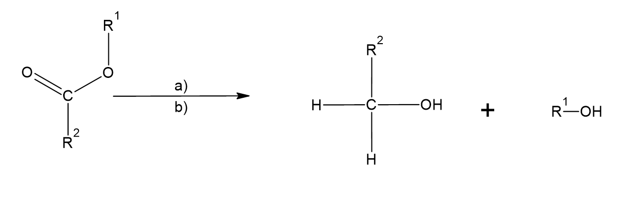 <p>Hvad er a) og b) her (reduktion af ester til primær alkohol)</p>