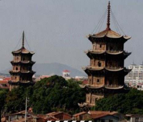 <p>Situated in <strong>Kaiyuan Temple in Quanzhou of FUjian Province</strong>, the twin pagodas rank the highest pair among China's stone pagodas.</p><p>The twin pagodas (<strong>the east and west pagodas</strong>) stand on the ground on both sides of the praying yards at 200 meters.</p><p>The <strong>East Pagoda or “Zhenguo Pagoda”</strong> is 48.24 meters’ high</p><p>The <strong>West Pagoda or “Renshou Pagoda”</strong> is 44.06 meters high.</p><p>The twin stone architecture has become a landmark of the historic city of Quanzhou.</p>