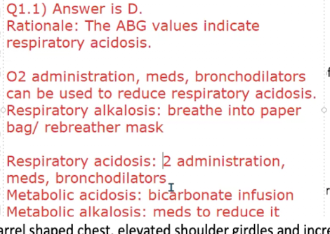 <ul><li><p>Respiratory Acidosis:</p><ul><li><p>Supplemental O2 Administrations</p></li><li><p>Medications</p></li><li><p>Brochodialtors</p></li></ul></li><li><p>Respiratory Alkalosis:</p><ul><li><p>Breath into paper bag // rebreather mask</p></li></ul></li><li><p>Metabolic Acidosis:</p><ul><li><p>Bicarbonate Infusion </p></li></ul></li><li><p>Metabolic Alkalosis:</p><ul><li><p>Medications to reduce it</p></li></ul></li></ul><p></p>