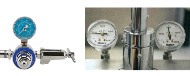 <p><span><span>Located within the regulator mechanism to reduce the high pressure in the tanks (750 psi or 2100 psi) to a pressure that the conducting tubing and the lungs can handle (50 psi) </span></span></p><p><span><span>As the pressure is reduced, there is a momentary increase in pressure that can ignite any grease or oil that is on the valves and cause a catastrophic explosion (tank valve wrenches should remain with machine)</span></span></p><p><span><span>Nitrous Oxide Press pressure regulator</span></span></p><p><span><span>Nitrous oxide and oxygen pressure gauges </span></span></p><p><span><span>indicating content of gas in each cylinder</span></span></p>