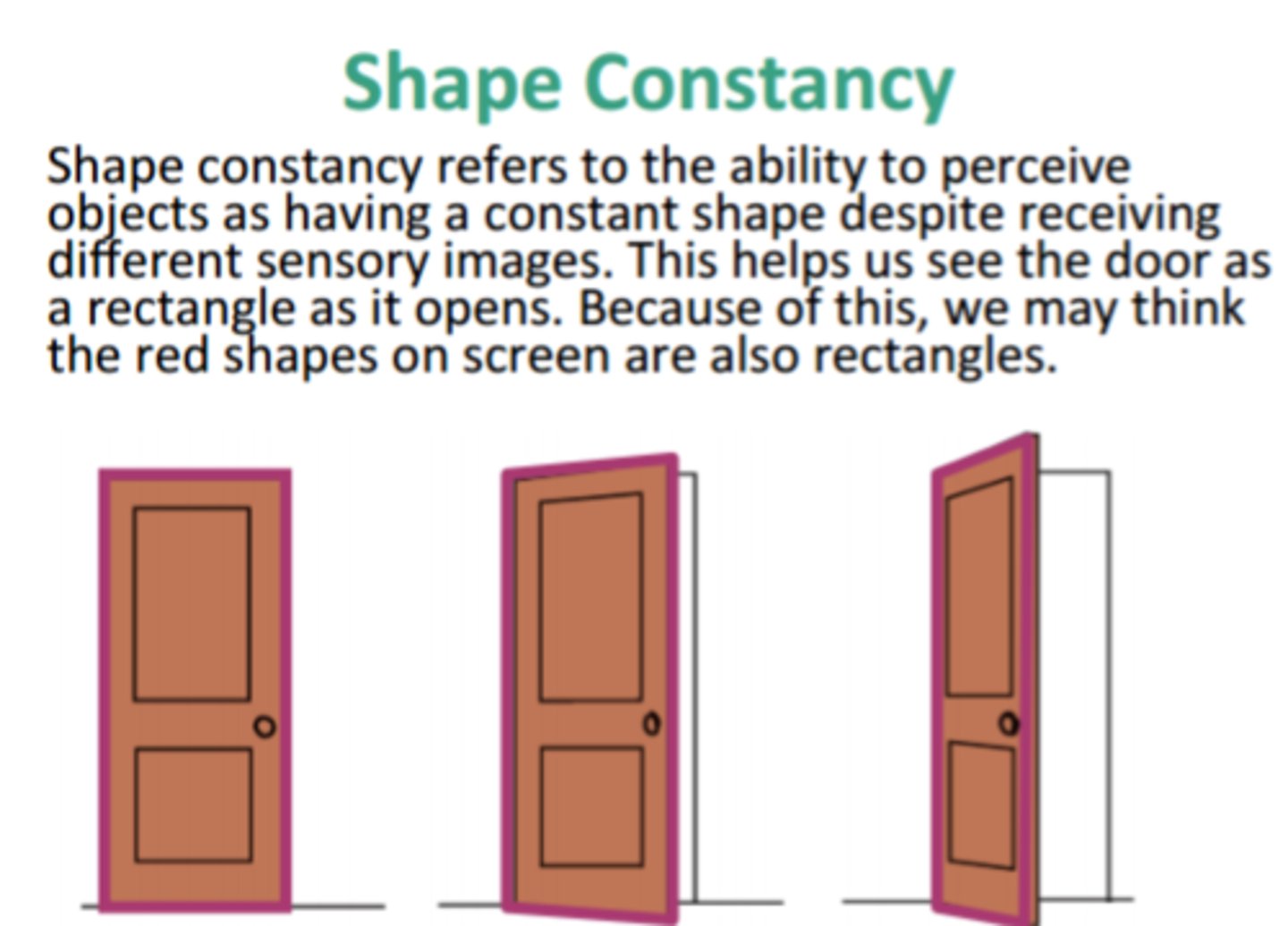 <p>Perceiving objects as unchanging (having consistent shapes, size, brightness, and color) even as illumination and retinal images change. ("shape constancy", "size constancy", "color constancy")</p>
