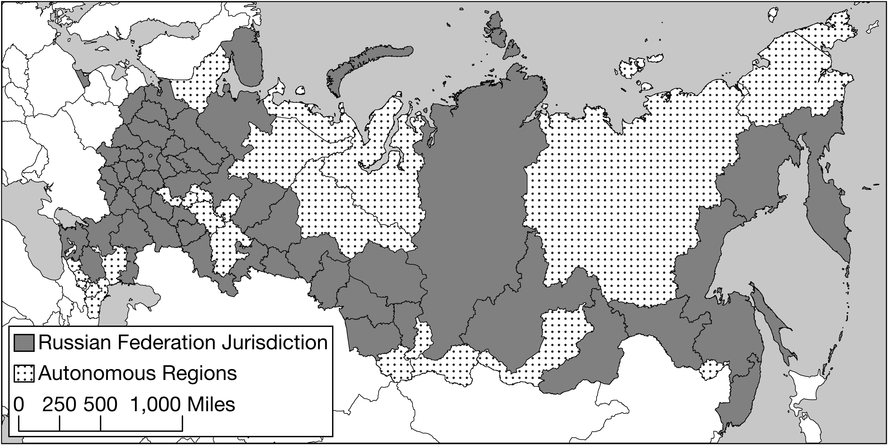 <p class="stem_paragraph">Compare the centralized power of the Soviet Union with the contemporary Russian Federation, in terms of the control of territory. Which of the following statements does the information in the map best support?</p>