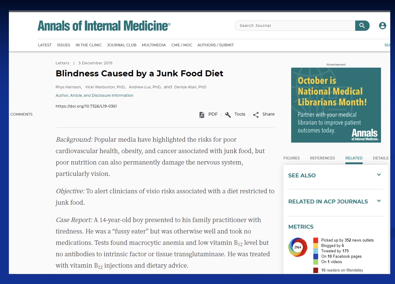 <p>-Boy was tired and a fussy eater, otherwise healthy</p><p>-test found <strong><mark data-color="yellow" style="background-color: yellow; color: inherit;">macrocytic anemia</mark></strong> (low O2 carrying capacity bc B12 deficiency/not bc iron) and low vit B12, but no antibodies for intrinsic factor (allows B12 absorb) or tissue transflutaminase (like celiac disease/something wrong w/ gut/bad absoprtion)</p><p>-treated with vit B12 injections and dietary advise (eat less fat, more fruits and veggies)</p><p><u>Results</u></p><p>-permanent hearing and vision loss</p><p>-he only ate the same 5 foods</p><p><strong>-extreme levels some things, deficiency in others</strong> (expected)</p><p><u>Analysis</u></p><p>-cells still functioning, but not normal (function at dif rates)</p><p>-tired bc physiology distorted by his diet</p><p></p>