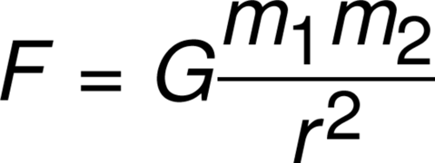 <p>A force of attraction between objects that is due to their masses. G is universal gravitational constant (6.67 x10^-11 N*m^2/kg^2)</p>
