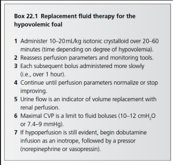 <ul><li><p><span>Estimating fluid deficits based on % dehydration may not be highly accurate and potentially be associated with error so the "fluid challenge" method circumvents these estimation</span></p><ul><li><p><span>Consists of the administration of sequential boluses of 6-18 ml/kg of replacement crystalloids over 30 minutes</span></p></li><li><p><span>In foals an isotonic crystalloid dose of 10-20 ml/kg over 20-60 min</span></p></li><li><p><span>Bolus administration of colloids, at a smaller dose of 3-10 ml/kg may be used in addition to or instead of crystalloid fluids</span></p><ul><li><p><span>If used, the colloid bolus should replace one or more of the crystalloid boluses in order to avoid hypervolemia</span></p></li></ul></li></ul></li></ul><p></p>