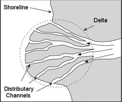 <p>a large area of sediment found at the mouth of a river.</p>