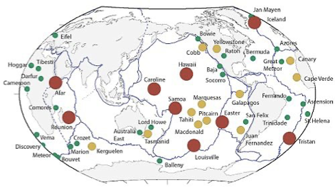 <p>areas where heat and/or rocks in the mantle are rising towards the surface. A hot spot is the surface expression of the mantle plume.</p><p><span>Mantle plumes occur where there are rigorous rising convection currents. In some locations these can break through overlying plates to create tectonic activity. Some current hotspots are shown on the map below. Hawaii is the most significant 'intra-plate' example.</span></p>