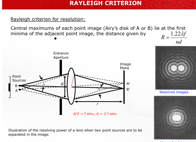 <p>Define the Rayleigh Criterion and its significance in resolution.</p>