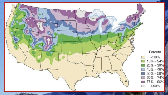 The probability of a White Christmas considers the probability of snow cover on Dec. 25th

* see image 

\
Snow cover maps are updated daily. 