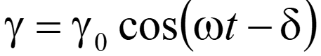 <p>gamma = strain</p><p>gamma 0 = strain amplitude</p><p>omega = 2*pi*f or angular frequency</p><p>t = time</p><p>delta = PHASE LAG (loss angle)</p>