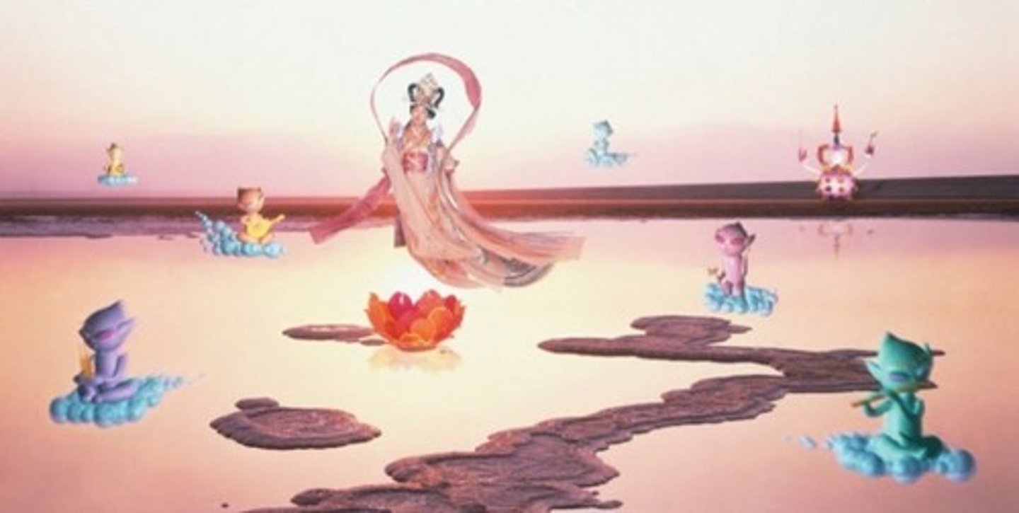 <p>Mariko Mori</p><p>1998 CE</p><p>Form: Color photograph on glass</p><p>Function: A still image from a 3D video experience that Mori created, titled "Nirvana".</p><p>Pure Land" is a large colored photograph set in glass. It is a still image from a 3D video experience that Mori created, titled "Nirvana". In the still and video, Mori stars as a floating goddess, surrounded by figures that look like they come from cartoons and video games. Mori is playing the role of a Japanese Buddhist deity, a Goddess of beauty and happiness. She holds a jewel that helps grant wishes and dispels evil. In "Pure Land", Mori creates a Nirvana-like setting in which she blends traditional Japanese art, Buddhist beliefs, and items of contemporary Japanese pop-culture.</p>