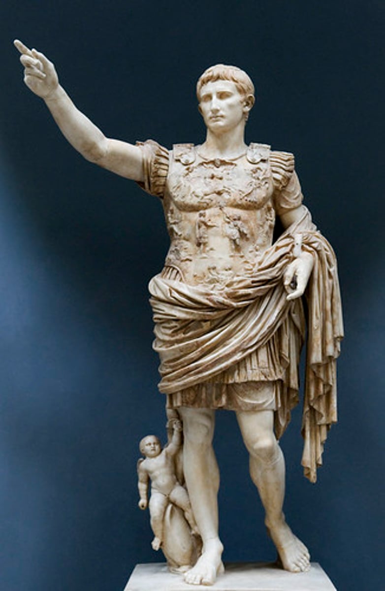 <p>63 BCE - 14 CE</p><p>•Key themes: allusion to Classical Athens, Augustan building program, values-oriented iconography (pietas, family relationships)</p><p>•Building on Caesar's legacy: Fora of Caesar and Augustus</p><p>•Myth-making about Rome: the Ara Pacis</p><p>•Developing the persona of the emperor: the Prima Porta Augustus</p>