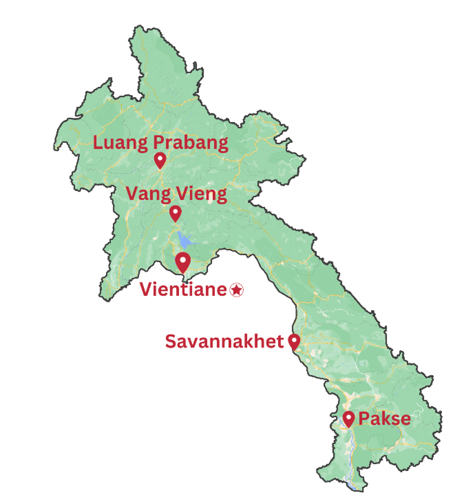 <h4 id="2a4f83fc-2c74-48a0-8873-09f88cfc46a0" data-toc-id="2a4f83fc-2c74-48a0-8873-09f88cfc46a0" collapsed="false" seolevelmigrated="true">Laos</h4><ul><li><p>A car with a roof-rack in in South East Asia will be in one of four cities in Laos:&nbsp;</p><ul><li><p>Vang Vieng, Luang Prabang, Savannakhet, and Pakse.</p></li></ul></li></ul><p></p>