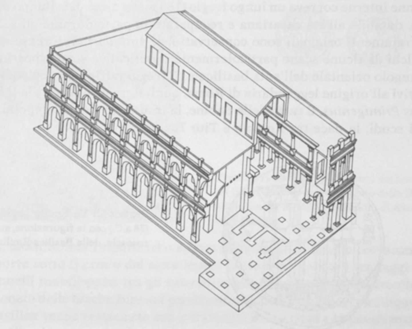 <p>-179 BCE (Forum)</p><p>-Modeled after Greek stoas (long + rectangular, colonnades, open space)</p><p>-Law courts, deligious ceremonies, bank offices</p>