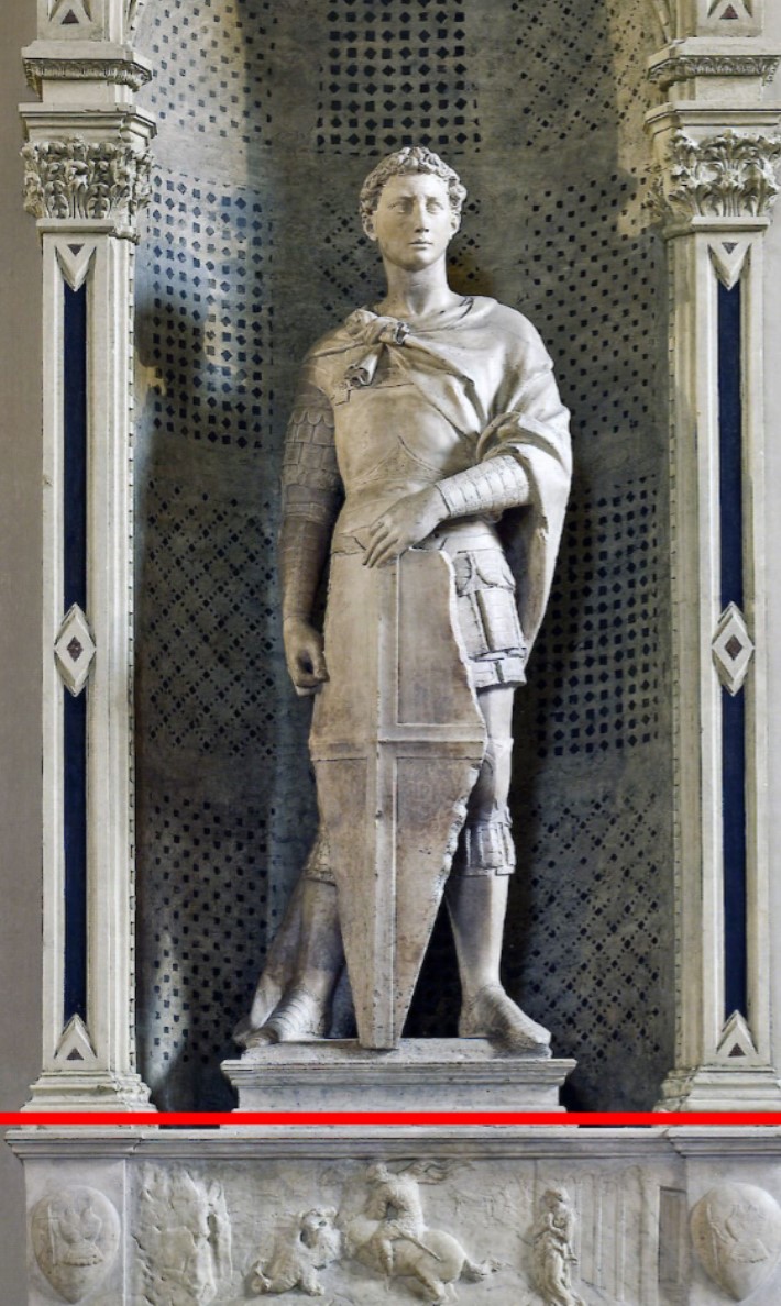 <p>st george, marble, Donatello, 1410-1415, Museo Nazionale del Bargello, Florence, Italy</p>