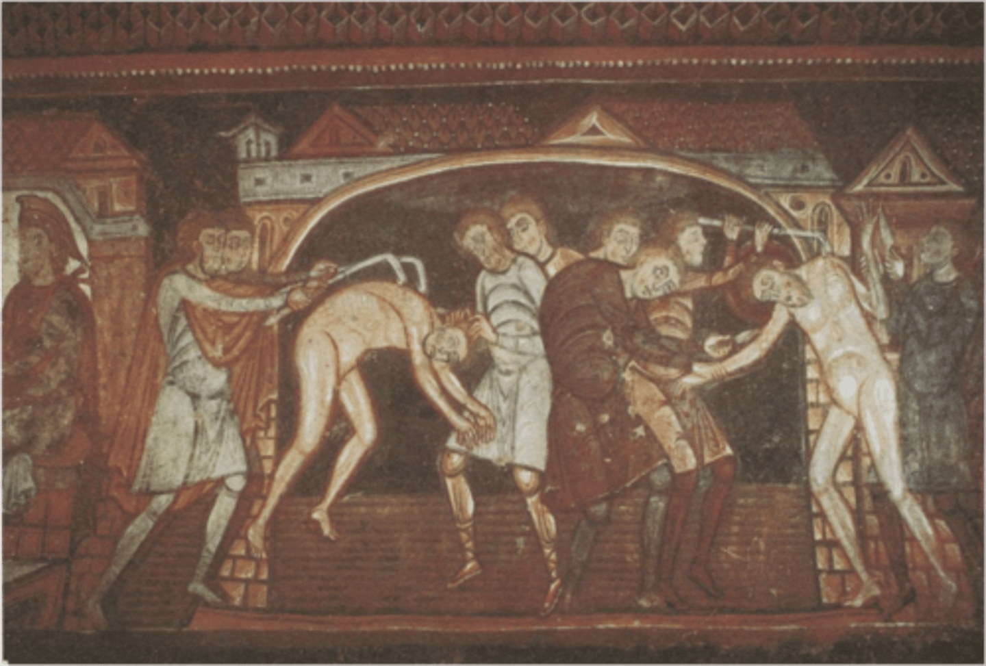 <p>Depicts the martyrdom of St. Savinus and St. Cyprian, showing graphic scenes of torture</p><p>emphasizing devotional themes and saintly suffering.</p>