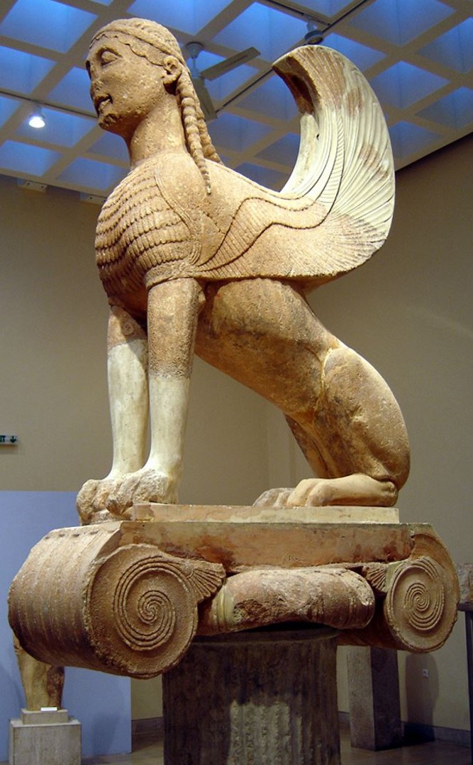 <p>Delphi: <em>Naxon Sphinx</em>, Greek, c. 570-560 BCE</p>