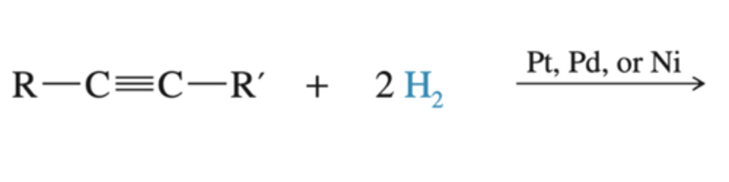 <p>alkyne + (1) H2 (2) Pt, Pd, or Ni</p>