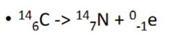 <p>type of radioactive decay → neutron transforms to a proton and an electron, increases atomic number of product by 1, but leaving atomic mass unchanged → useful for determining age of geologically young organic matter (N→PE)</p>