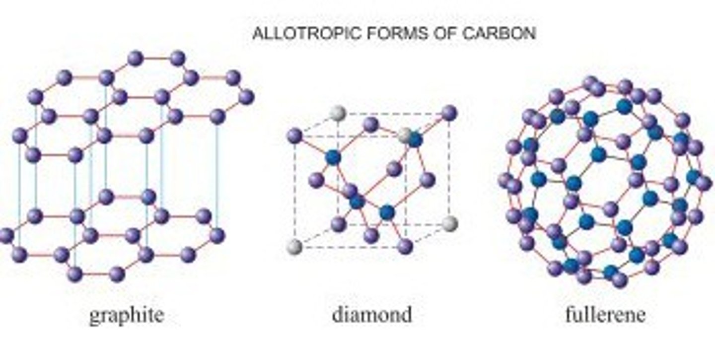 <p>Different forms of the same element, e.g. diamond, graphite and C60 fullerene are 3 allotropes of carbon.</p>