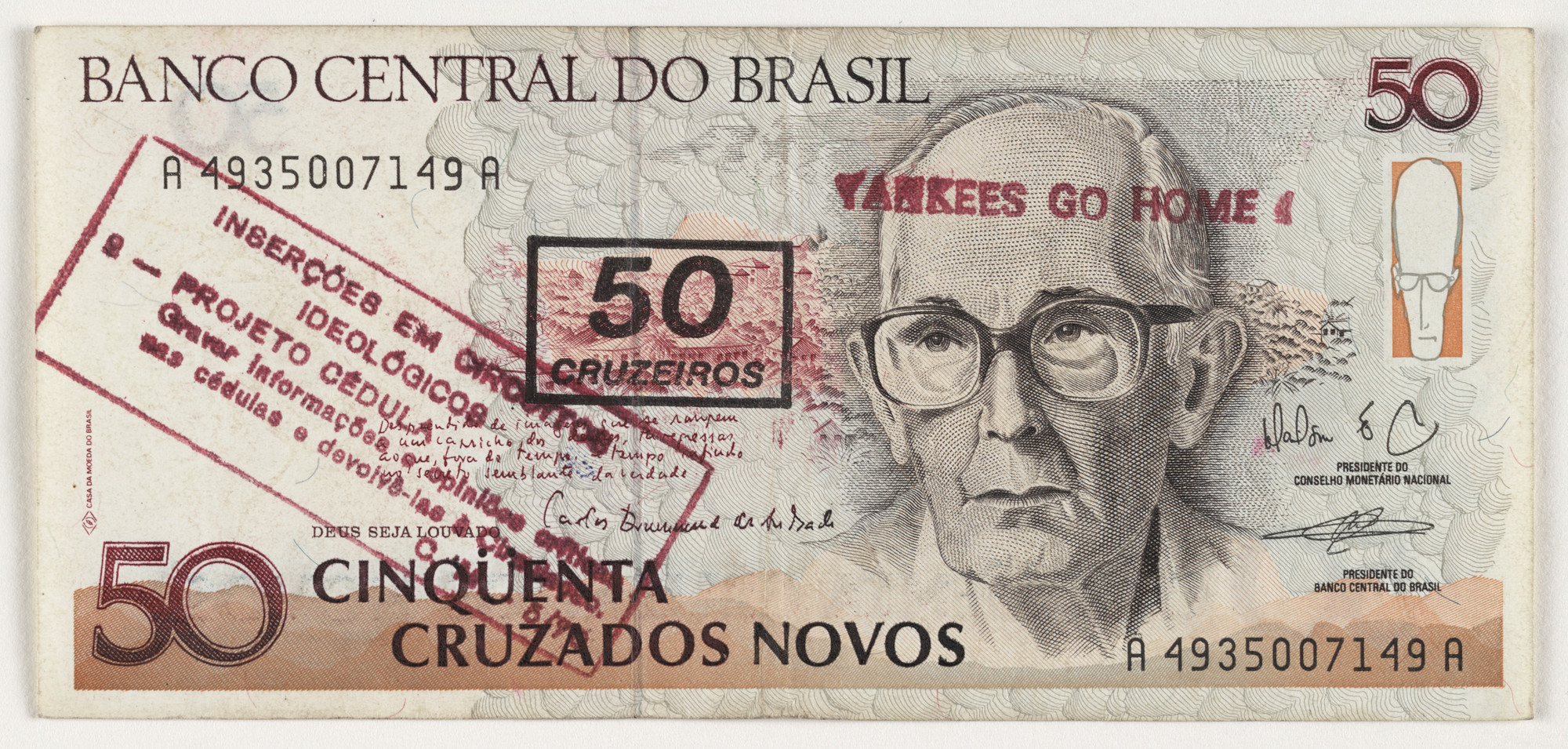 <p>“Cedulla/Currency Project: Insertions into Ideological Circuits” Cildo Meireles, 1970</p>