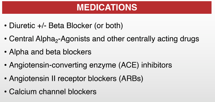 Diuretic → to be taken in the morning to avoid nocturia

Alpha2 → causes vasodilation

Alpha1 → causes vasoconstriction

Beta blockers → -OLOL

ACE → -PRIL

ARBs → -SARTAN

Calcium channel blockers → -DIPINE