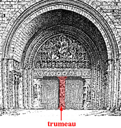 <p>the center post/pillar supporting the lintel in the middle of a doorway.</p>