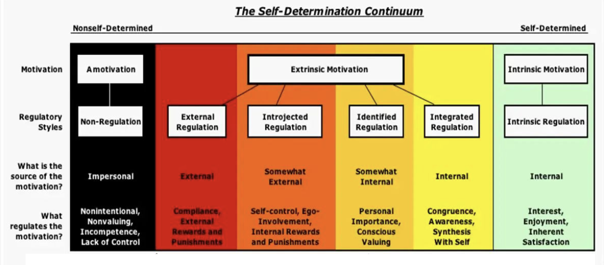 <ul><li><p>Suggests that all humans have three basic psychological needs — it exists on a continuum in which different external and internal factors can affect an individual’s motivation (extrinsic/intrinsic)</p></li><li><p>Involves:</p><ul><li><p><strong>Intrinsic / Extrinsic Motivation </strong>which is formed through:</p></li><li><p><strong>Autonomy</strong>: The feeling one has choice and willingly endorsing one’s behaviour</p></li><li><p><strong>Competence</strong>: The experience of mastery and being effective in one’s activity</p></li><li><p><strong>Relatedness</strong>: The need to feel connected and belonging with others</p></li></ul></li></ul><p></p>