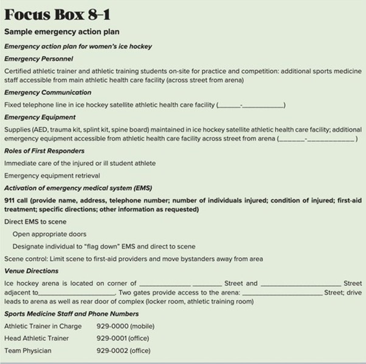 <p>Prearranged plan for managing sports injuries.</p>