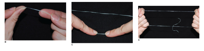 <p>all fingers except the thumbs are placed within the loop for easy use</p><p>for the mandibular teeth, the floss is guided with the two index fingers</p><p>for the maxillary teeth the floss is guided with the two thumbs or one thumb and one index finger</p><p>advantage:  improved compliance and easier to handle, less waste, increased floss hygiene and biofilm removal </p>