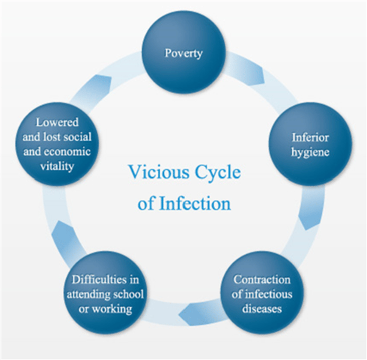 <p>Poverty + underdeveloped nations<br>... can't afford sanitation, have inferior hygiene <br><br>=&gt; contamination + spread of disease<br><br>=&gt; population die/work/school affected <br><br>=&gt; lack of economic activity + social QofL<br><br>=&gt; poverty</p>