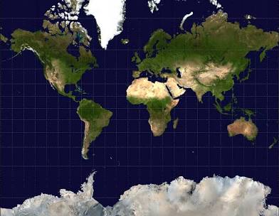 <p>All land has correct shape and can be used for oceanic navigation, but the size of land is massively distorted.</p>