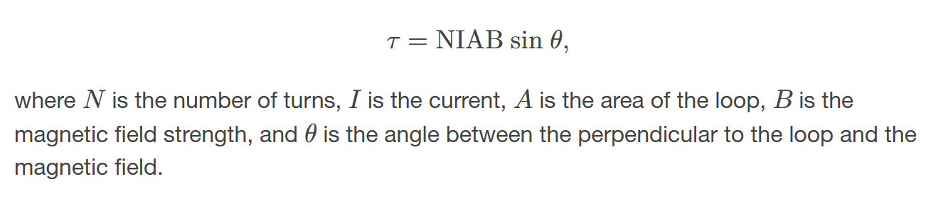 <p>is the measure of the tendency of the loop to rotate due to the magnetic field, dependent on the current, area of the loop, and the strength of the magnetic field. </p>