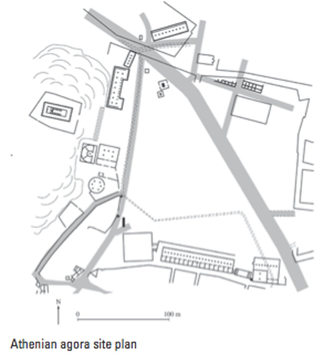 <p>Form:<br>-long buildings (stoa)<br>-covered places- public markets<br>-at foot of Acropolis, road that leads up<br>Function:<br>-marketplace/meeting area<br>-temple (pay tribute to Athena)<br>Content:<br>-participated with government<br>-democracy- didn't vote representatives but instead participated directly<br>Context:<br>-600-150 BCE<br>-Athens, Greece</p>