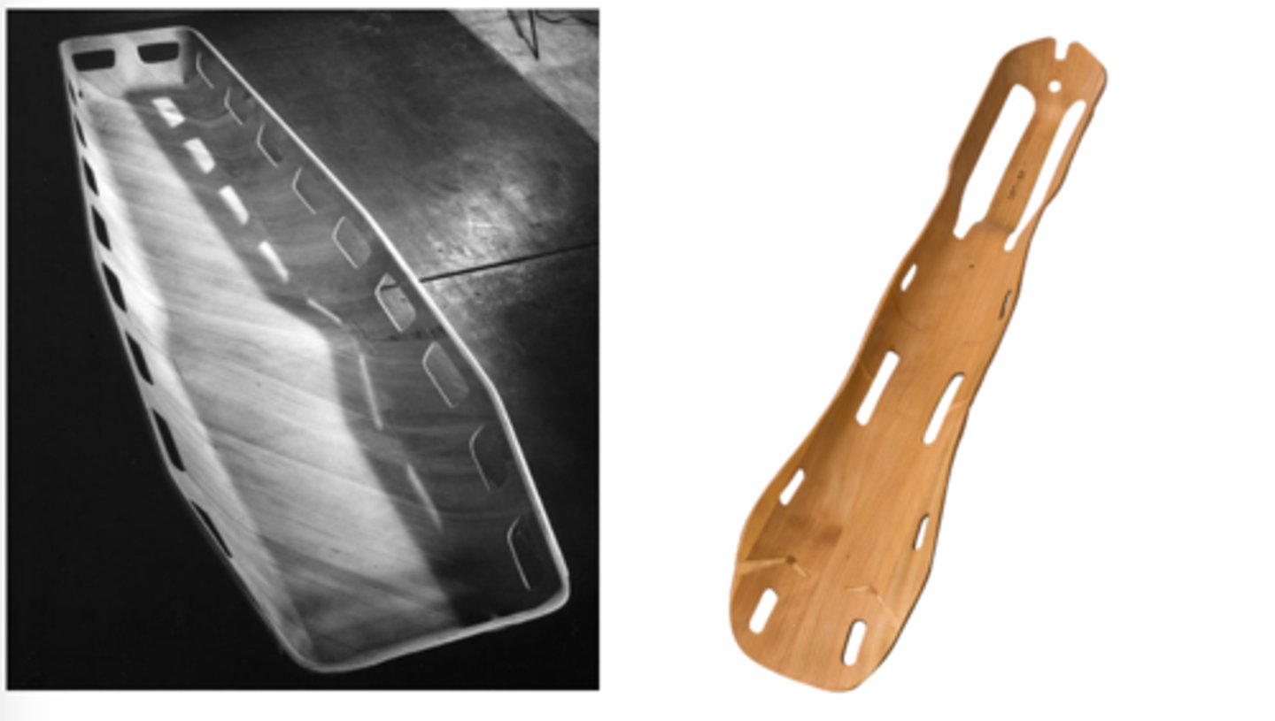 <p>developed after success with plywood furniture with Eero Saarinen<br><br>improved on the existing metal splints, lighter and more flexible, easier to carry, adapted to the body<br><br>easy to stack and ship - US Navy wanted a lot of them<br><br>notches cut into thin plywood veneer pieces that were easier to mold and reduced stress around bending points</p>