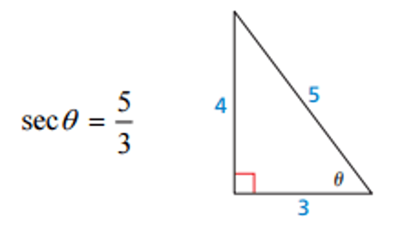 <p>A trignometric function for an acute angle 𝛳 of a right angle, denoted by sec 𝛳 = hypotenuse/ajacent</p>