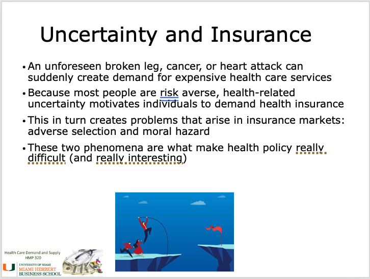 <p>Because people are risk averse, unpredictable health events create demand for insurance, but this also causes adverse selection and moral hazard.</p>