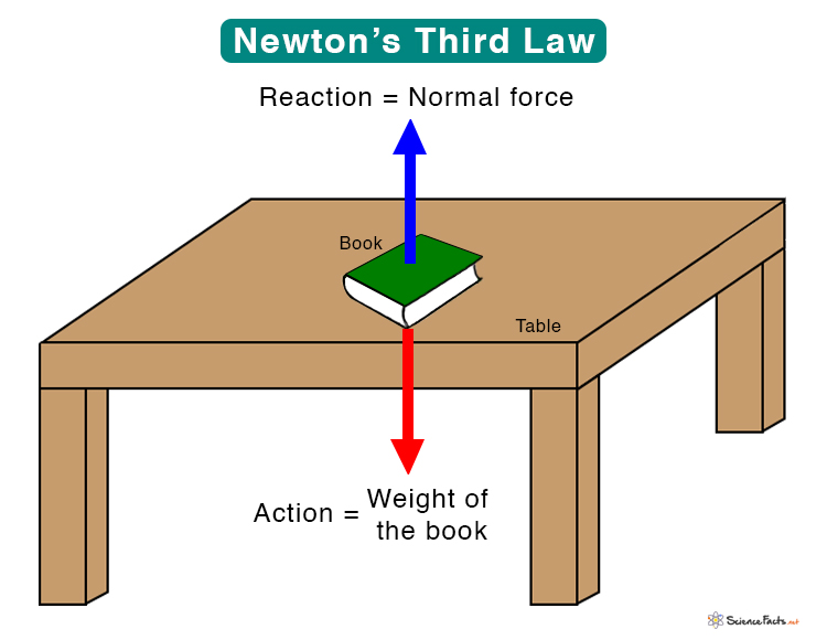 Example of Newton's Second Law. Gravity is pushing down on the book and the table is pushing back up with equal and opposite forces allowing the book to stay at rest on the table. balanced forces