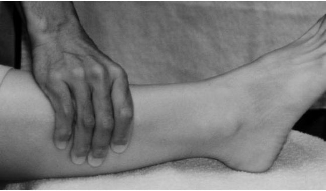 <ul><li><p>high ankle sprain or possible fx</p></li><li><p>pt sitting or lying w/ knee extended → cup hands behind the tibia and fibula, away from site of pain, compress gradually adding more pressure</p></li></ul><p></p>