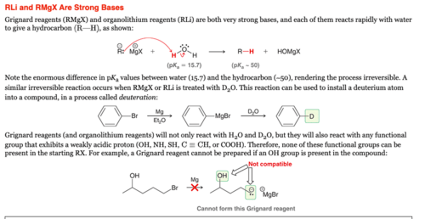 <p>-Grignard reagents (RMgX) and organolithium reagents (RLi) are both very strong bases, and each of them reacts rapidly with H2O to give a hydrocarbon (R-H)</p><p>-A similar irreversible reaction occurs when RMgX or RLi is treated with D2O. This reaction can be used to install a deuterium atom into a compound, in a process called deuteration</p><p>-Grignard reagents (and organolithium reagents) will not only react with H2O and D2O, but they will also react with any functional group that exhibits a weakly acidic proton (OH, NH, SH, , or COOH). Therefore, NONE of these functional groups can be present in the starting RX. For example, a Grignard reagent cannot be prepared if an OH group is present in the compound</p>