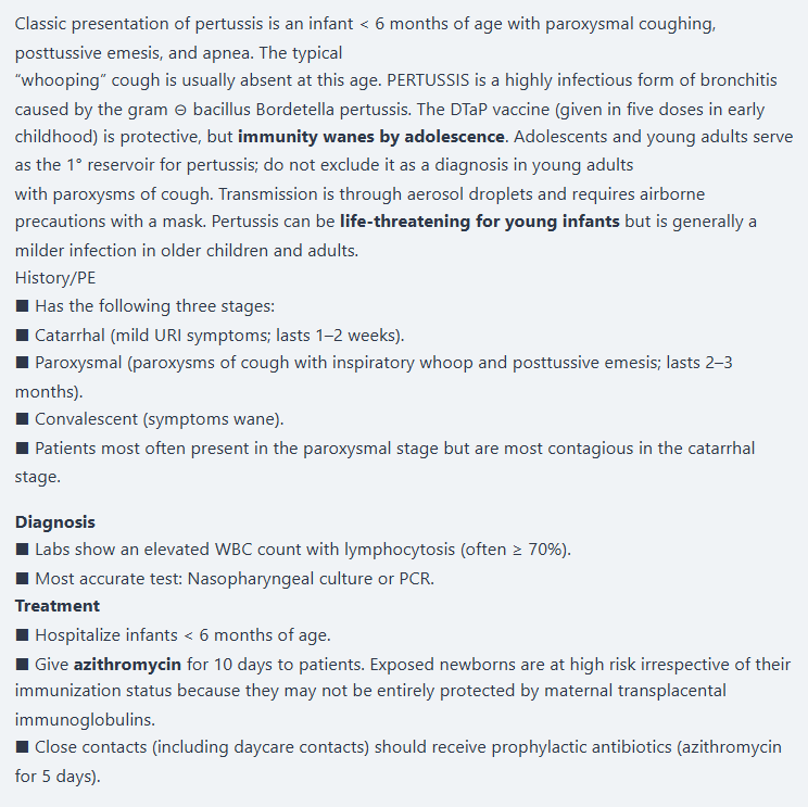 <ul><li><p>Kikhosta (Pertusis) är en smittsam sjukdom orsakad av <em>Bordetella pertussis </em>, livshotande för nyfödda.</p></li><li><p>Diagnos baseras på odling, men behandling startas redan vid misstanke med makrolider (Azithromycin, Clarithromycin, Erythromycin).</p></li><li><p>Vaccinering eller tidigare infektion ger inte livslång immunitet; vuxna och vaccinerade får oftast mildare symptom.</p></li></ul><p><strong>Motivering:</strong></p><ol><li><p class="ds-markdown-paragraph"><strong>Spädbarn under 1 år</strong> (särskilt &lt;2 månader) är <strong>extremt sårbara</strong> för kikhosta och har hög risk för allvarliga komplikationer.</p></li><li><p class="ds-markdown-paragraph"><strong>Postexpositionsprofylax (PEP)</strong> med antibiotika (t.ex. azitromycin) rekommenderas till <strong>o vaccinerade exponerade spädbarn</strong>, även om de är asymptomatiska.</p></li><li><p class="ds-markdown-paragraph"><strong>Vaccinationsstatus hos mamman</strong>: Vaccinationsskydd mot kikhosta avtar över tid, och mamman kan inte överföra tillräckligt med antikroppar via bröstmjölk för att skydda flickan.</p></li></ol><p></p>