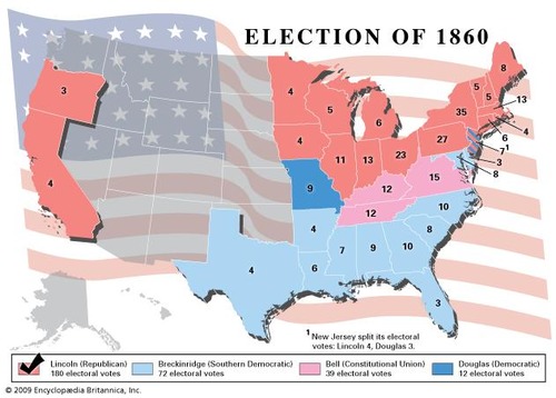 <p>Abraham Lincoln, the Republican candidate, won because the Democratic party in the South was split over slavery. As a result, the South no longer felt like it had a voice in politics and a 11 states seceded from the Union.</p>