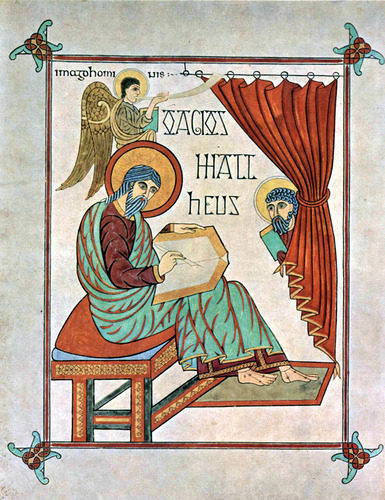 <p>Insular Art. ONE person wrote this on behalf of god- it was a devotional practice. Matthew writing his gospels his evangelist symbol (angel) is above him. The angel is giving him mystical power and word from god. His name is written in Greek and in Latin. very FLAT, composite pose not much perspective. Suggestive of Byzantine Motifs, Footwear and trumpet.</p>