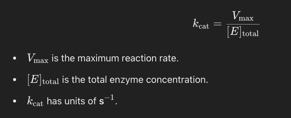 <p><span>The </span>catalytic constant<span>, or </span>turnover number<span> (k<sub>cat</sub>), represents the </span>number of substrate molecules converted into product per second per enzyme molecule when the enzyme is fully saturated with substrate<span>.</span></p><ul><li><p><span>A </span>higher k<sub>cat</sub><span> means the enzyme can process more substrate molecules per second.</span></p></li></ul><p></p>