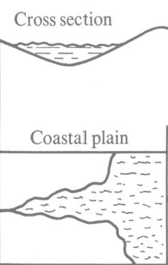 <p>V shape in cross-section</p><ul><li><p>result of fluvial erosion</p></li></ul><p></p>