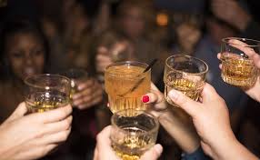 <p>to drink excessively and engage in lively, noisy festivities.</p>