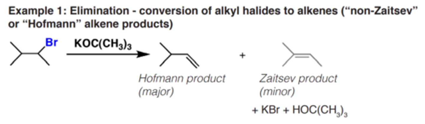 <p>- strong sterically hindered (bulky) base</p><p>- Useful in elimination reactions for forming the less substituted "non-Zaitsev/Hofmann" alkene product.</p><p>- NaOtBu, LiOtBu, LDA (stronger bulky base)</p>