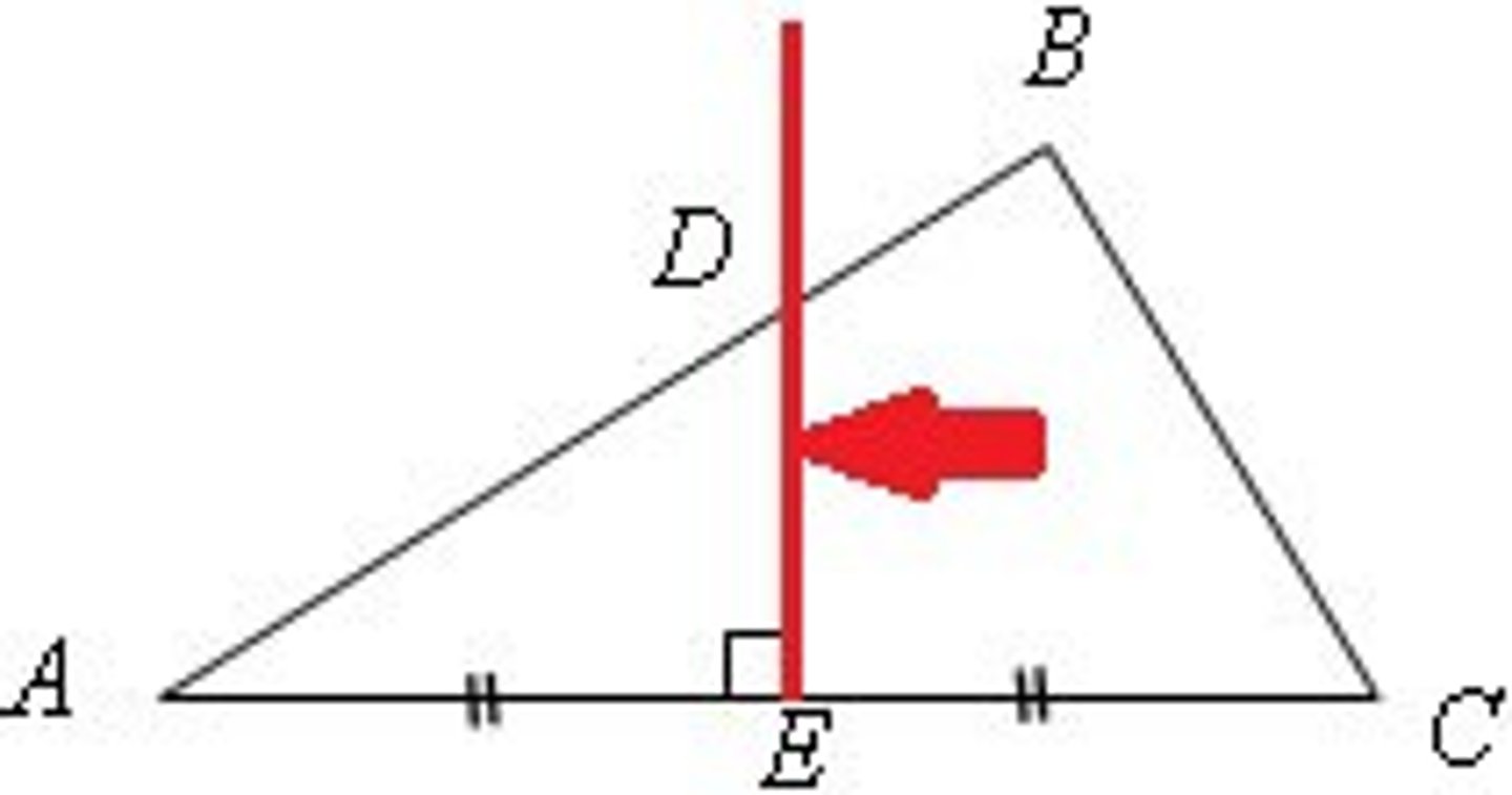 <p>A line segment that passes through the midpoint of a side of a triangle and is perpendicular to that side.</p>