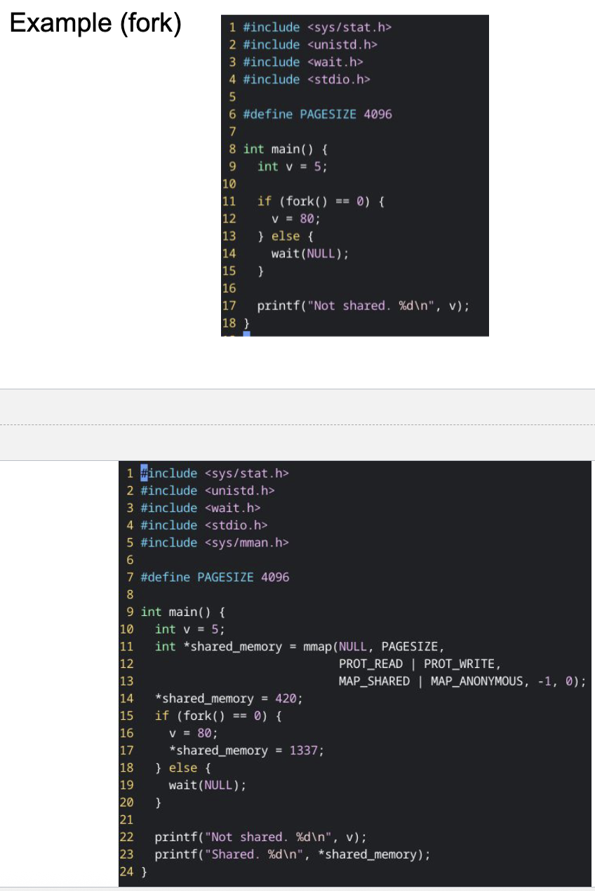<p>the creator (<strong>parent</strong>) and created (<strong>child</strong>) processes, by default, <strong>do not share memory</strong></p><ul><li><p>whatever data the parent contains is copied to the child process but alterations aren’t seen by either</p></li></ul><p></p>